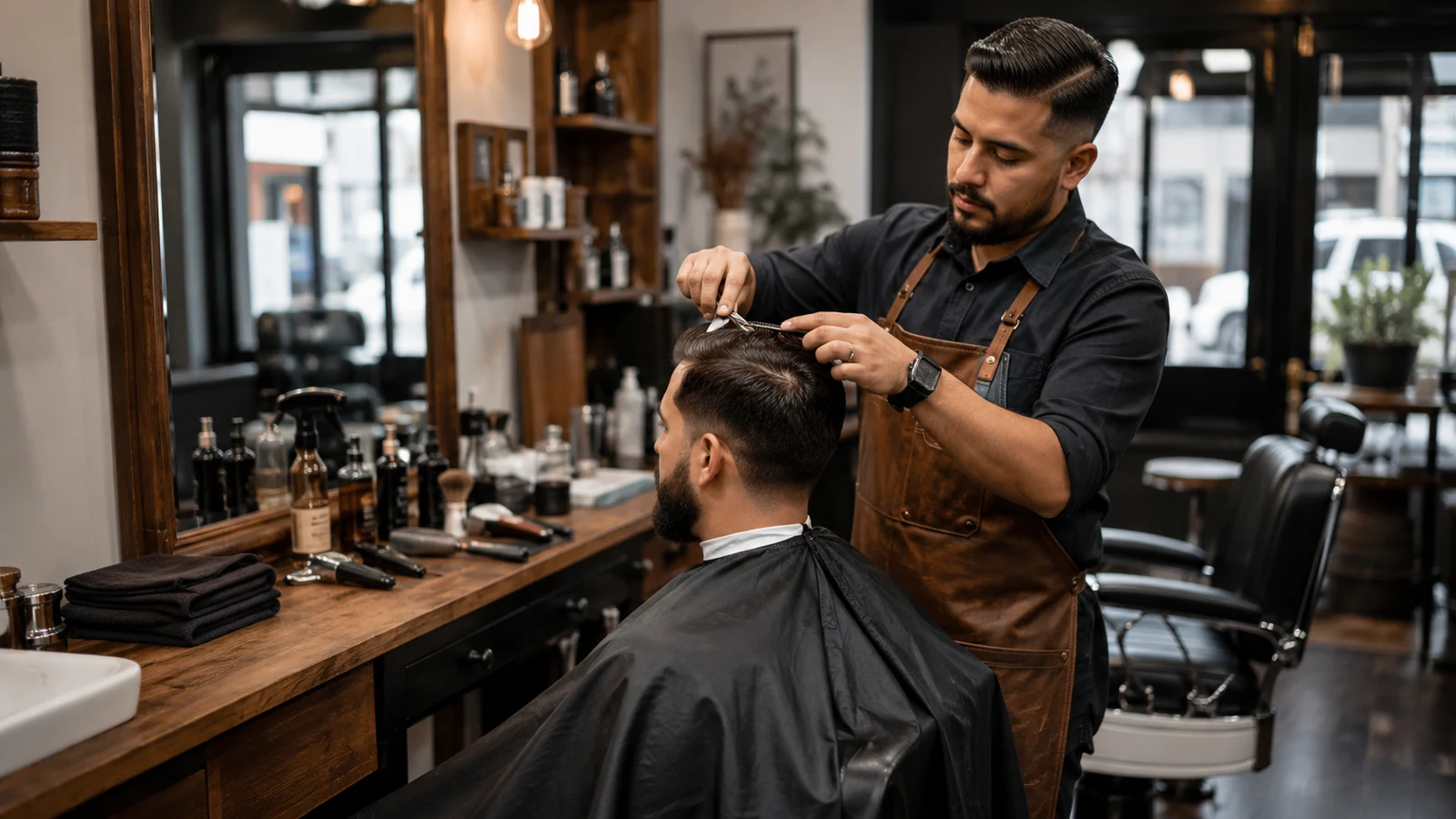 Barbeiro realizando corte masculino em barbearia de pequeno porte