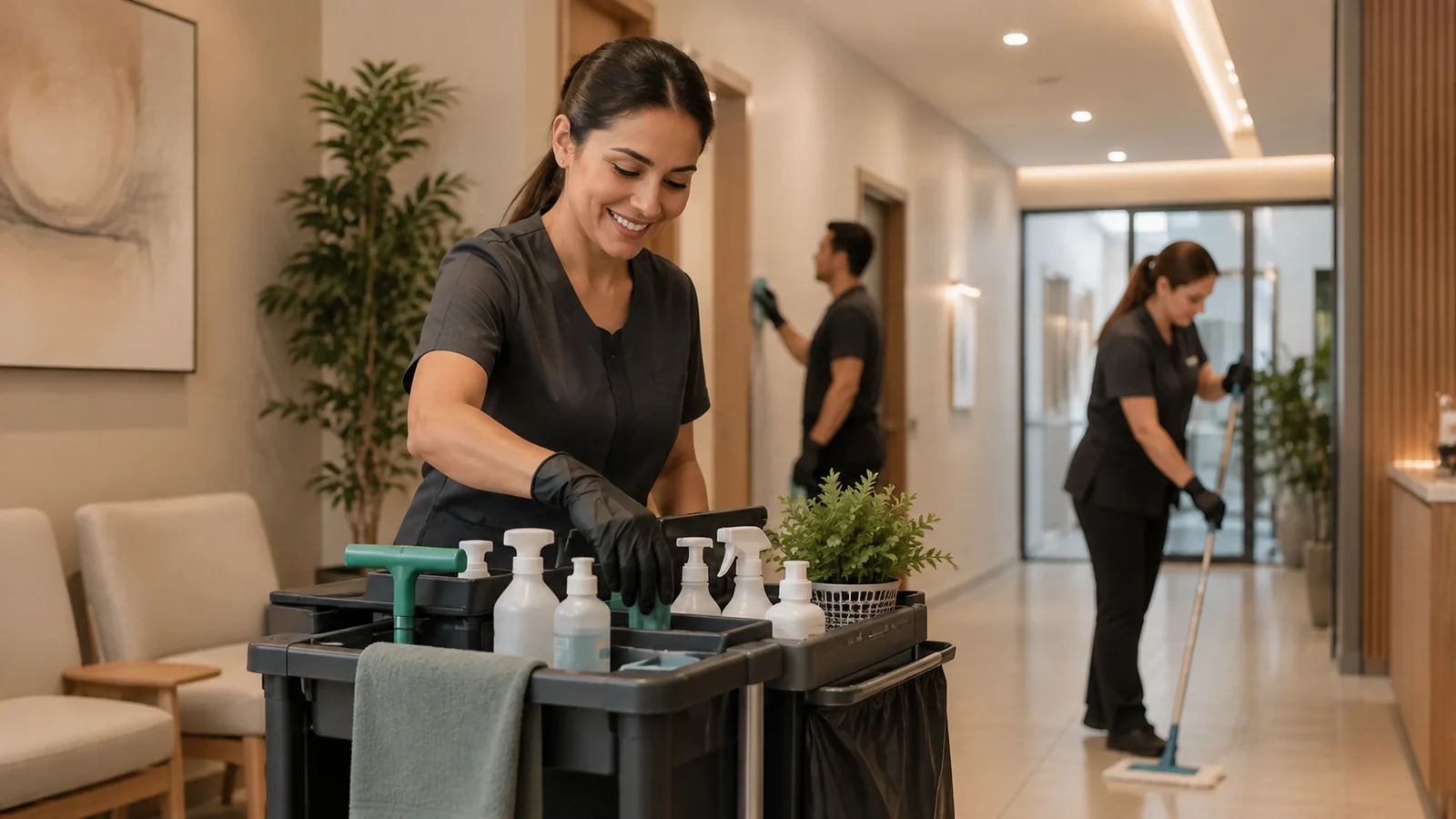 Equipe de limpeza e conservação atuando em ambiente de pequeno porte