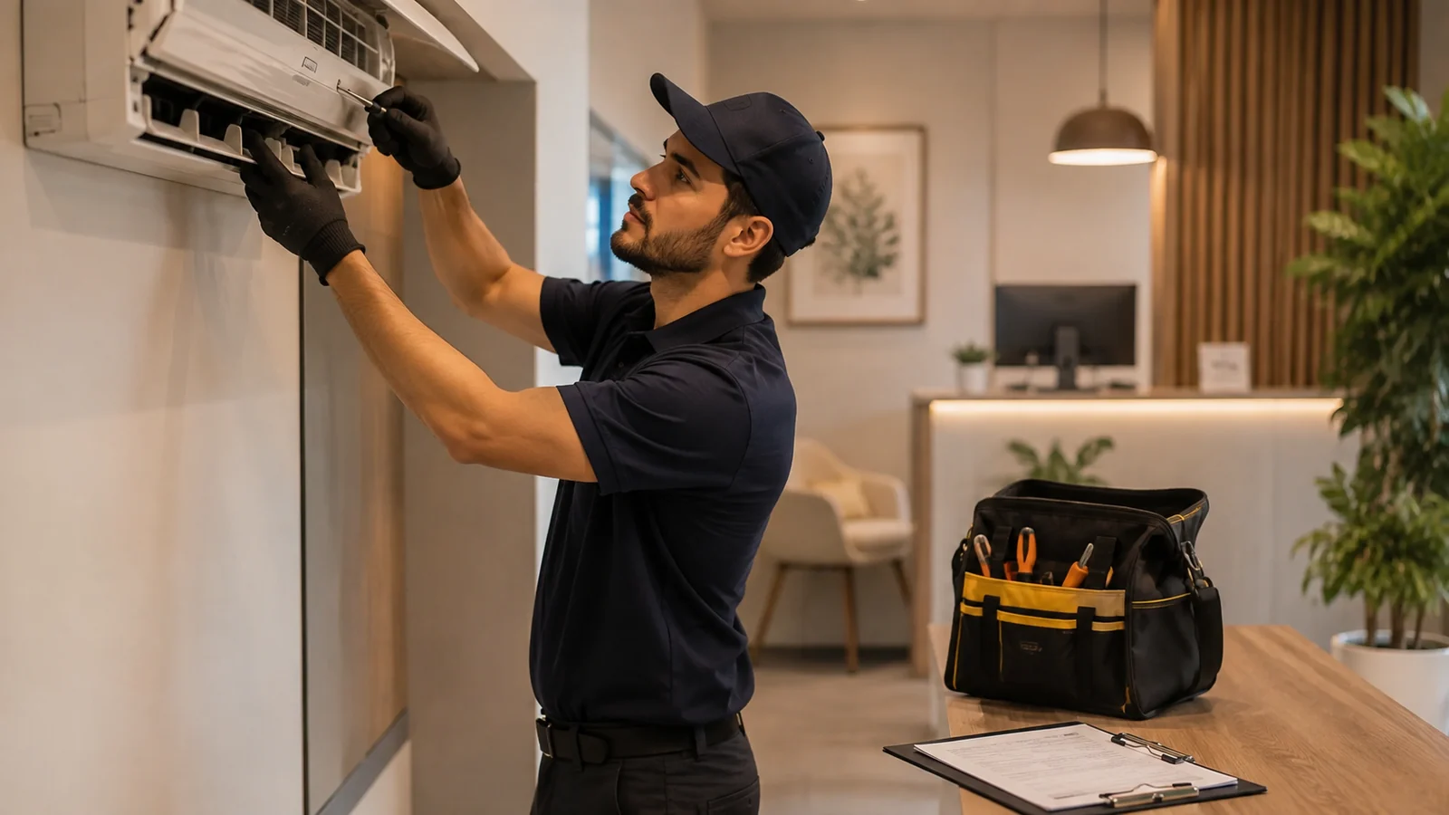 Técnico realizando manutenção de ar-condicionado em pequeno estabelecimento